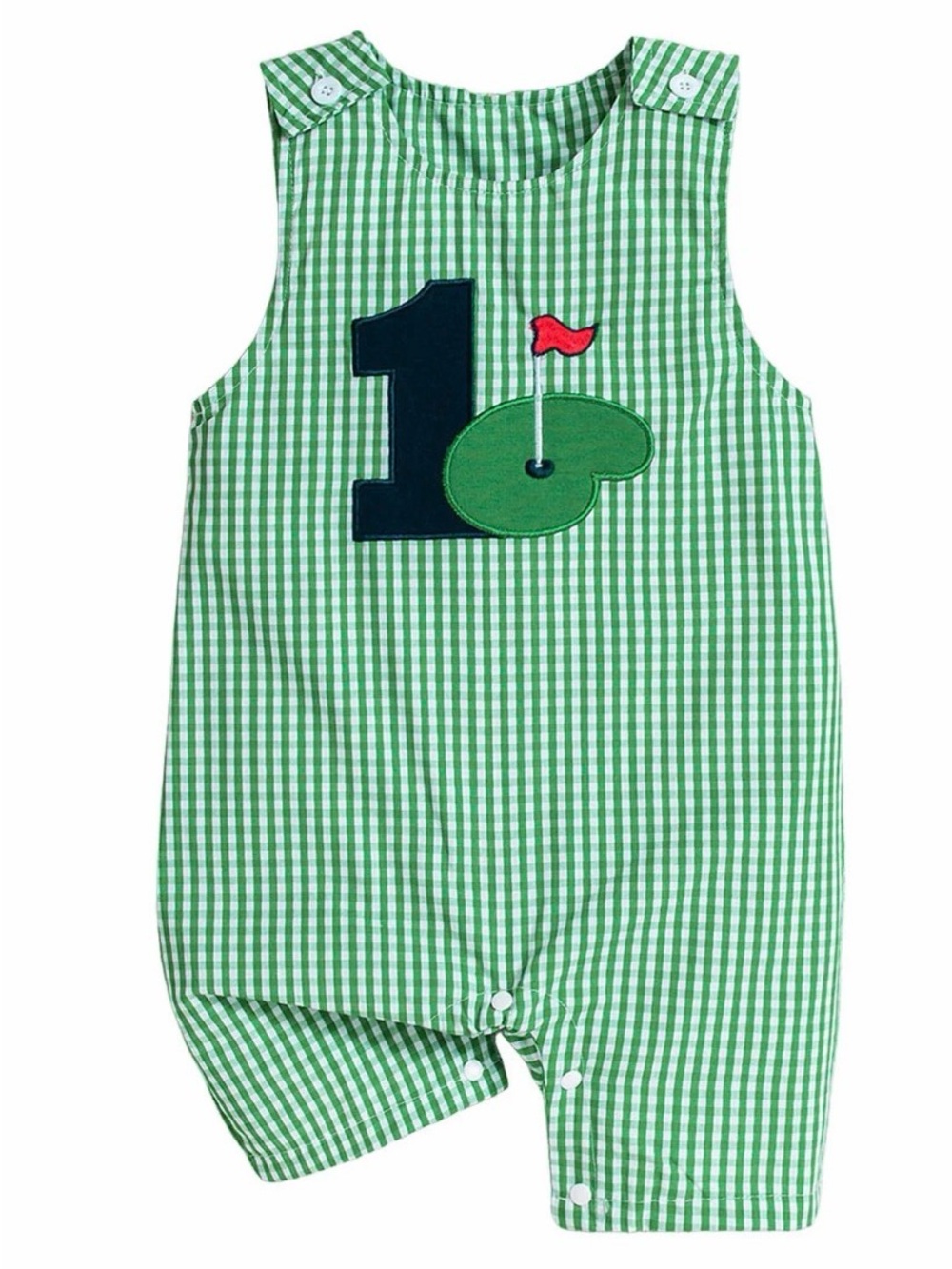 Golf #1 Appliqué Baby Green Gingham Romper Size 12-18 Months